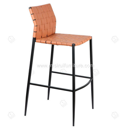 Orange hand woven saddle leather bar stool